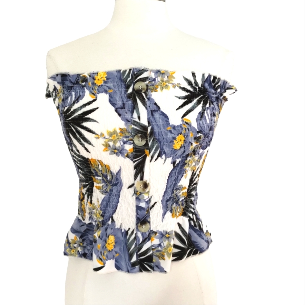 Style Envy Tropical Palm Print Strapless Tube Top Blouse Smocked Size S/M Blue